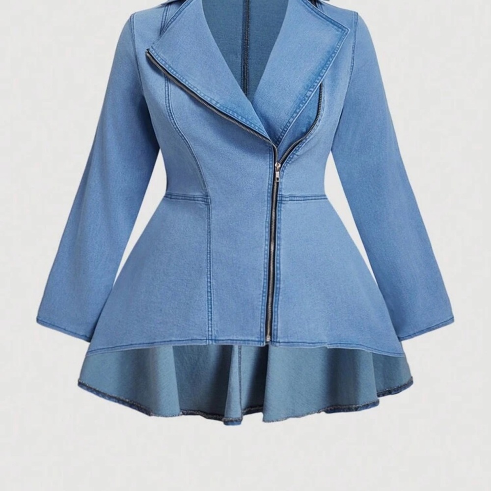 SHEIN Blue Jean Jacket with Peplum Ruffle Hem